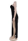 Sexy Solid Color Sequins Backless Slit Spaghetti Strap Long Dresses