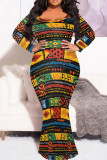 Elegant Print Patchwork O Neck Long Plus Size Dresses