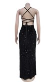 Sexy Solid Color Sequins Backless Slit Spaghetti Strap Long Dresses