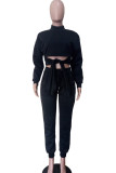 Casual Solid Color Patchwork Strap Design Turtleneck Long Sleeve Two Pieces