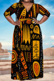 Casual National Totem Print Lace Up Contrast V Neck Printed Plus Size Dresses