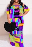 Casual Print Patchwork Off Shoulder Long Plus Size Dresses