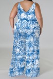 Casual Print Backless Spaghetti Strap Plus Size Jumpsuits (With Headscarf)