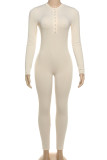 Casual Solid Color Buckle Patchwork O Neck Skinny Jumpsuits