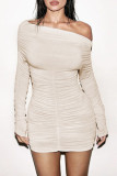 Sexy Solid Color Patchwork Ruched Oblique Collar Wrapped Skirt Dresses