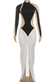 Elegant Patchwork High Slit Ruched Contrast Turtleneck Long Dresses