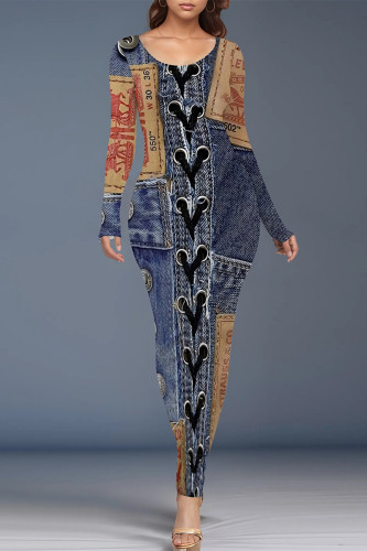Casual Street Faux Denim Print Contrast O Neck One Step Skirt Dresses