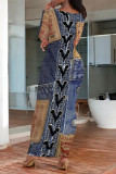 Casual Street Faux Denim Print Contrast O Neck One Step Skirt Dresses