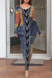 Casual Street Faux Denim Print Contrast O Neck One Step Skirt Dresses