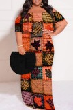 Casual Print Patchwork Off Shoulder Long Plus Size Dresses