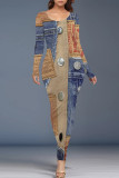 Casual Street Faux Denim Print Contrast O Neck One Step Skirt Dresses