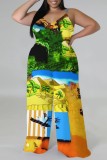 Casual Print Backless Spaghetti Strap Plus Size Jumpsuits (With Headscarf)