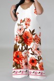 Casual Print Backless Spaghetti Strap Plus Size Jumpsuits (With Headscarf)