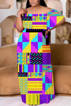 Casual Print Patchwork Off Shoulder Long Plus Size Dresses