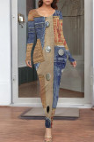 Casual Street Faux Denim Print Contrast O Neck One Step Skirt Dresses