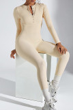 Casual Solid Color Buckle Patchwork O Neck Skinny Jumpsuits