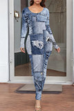Casual Street Faux Denim Print Contrast O Neck One Step Skirt Dresses