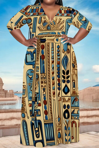 Casual National Totem Print Lace Up Contrast V Neck Printed Plus Size Dresses
