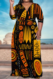 Casual National Totem Print Lace Up Contrast V Neck Printed Plus Size Dresses