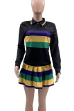 Casual Colorblock Buttons Patchwork Contrast Turndown Collar Long Sleeve Two Pieces