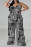 Casual Faux Denim Print Backless Spaghetti Strap Plus Size Jumpsuits (With Headscarf)