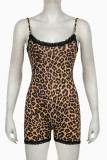 Sexy Leopard Print Lace Patchwork Backless Spaghetti Strap Skinny Rompers