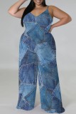 Casual Faux Denim Print Backless Spaghetti Strap Plus Size Jumpsuits (With Headscarf)