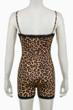 Sexy Leopard Print Lace Patchwork Backless Spaghetti Strap Skinny Rompers