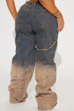 Street Gradient Color Pocket Buttons Patchwork Zipper Mid Waist Loose Denim Jeans