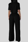 Casual Solid Color Draw String Buckle Patchwork Turndown Collar Short Sleeve Two Pieces