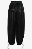 Casual Solid Color Draw String Patchwork Loose Mid Waist Patchwork Bottoms