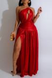 Elegant Solid Color Hollow Out Patchwork Slit Oblique Collar Long Dresses