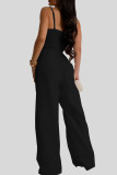 Casual Solid Color Hollow Out Pocket Patchwork Backless Spaghetti Strap Loose Jumpsuits