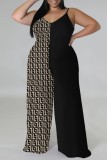 Casual Print Backless Spaghetti Strap Plus Size Jumpsuits (With Headscarf)