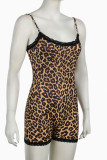 Sexy Leopard Print Lace Patchwork Backless Spaghetti Strap Skinny Rompers