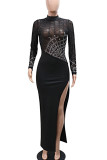 Elegant Solid Color Patchwork High Slit Hot Drill Zipper O Neck Long Dresses