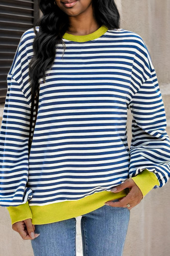 Casual Stripe Patchwork O Neck Plus Size Tops
