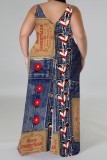 Casual Faux Denim Print Backless Spaghetti Strap Plus Size Jumpsuits (With Headscarf)