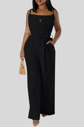 Casual Solid Color Hollow Out Pocket Patchwork Backless Spaghetti Strap Loose Jumpsuits