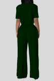 Casual Solid Color Draw String Buckle Patchwork Turndown Collar Short Sleeve Two Pieces