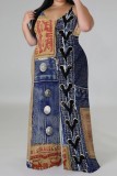 Casual Faux Denim Print Backless Spaghetti Strap Plus Size Jumpsuits (With Headscarf)