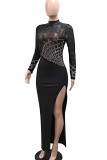 Elegant Solid Color Patchwork High Slit Hot Drill Zipper O Neck Long Dresses