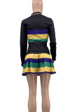 Casual Colorblock Buttons Patchwork Contrast Turndown Collar Long Sleeve Two Pieces