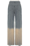 Street Gradient Color Pocket Buttons Patchwork Zipper Mid Waist Loose Denim Jeans
