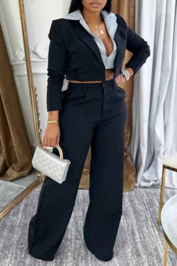Casual Patchwork Contrast Hooded Long Sleeve Two Pieces