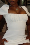 Casual Solid Color Backless Belted Square Neck Short Sleeve Short Sleeve Dress