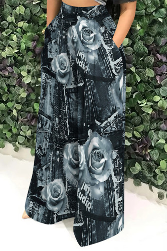 Casual Faux Denim Print Pocket Contrast Loose High Waist Wide Leg Full Print Bottoms