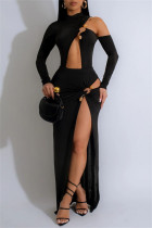 Sexy Hot Solid Color Hollow Out Slit Half A Turtleneck Long Sleeve Two Pieces