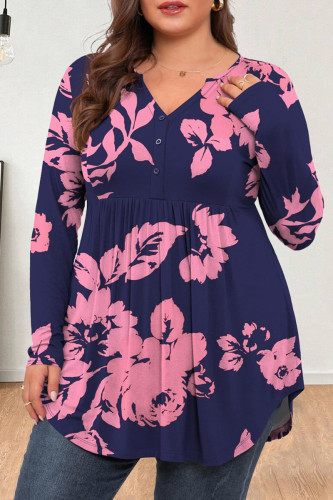 Casual Print Buckle Patchwork Button Collar Plus Size Tops