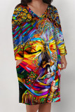 Casual Street Figure Print Pocket Contrast V Neck Printed Plus Size Dresses